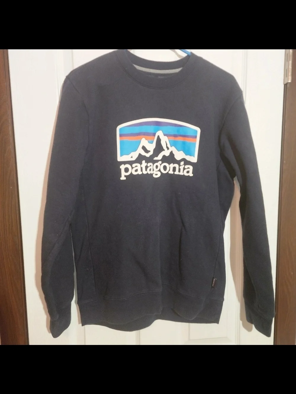 Patagonia Navy Crewneck Sweatshirt with Multicolor Mountain Logo